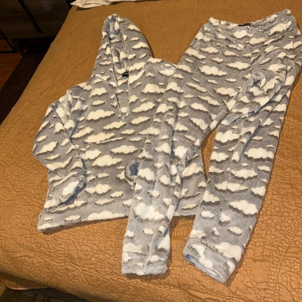 ASOS cloud print luxury fleece onesie featuring a soft, cozy grey and white